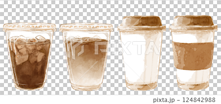 コンビニコーヒーの水彩イラストセット(ホット・アイス) 124842988