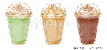 テイクアウトカップに入ったフラペチーノの水彩イラストセット(抹茶・キャラメル・モカ) 124842989
