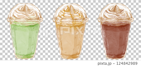 テイクアウトカップに入ったフラペチーノの水彩イラストセット(抹茶・キャラメル・モカ) 124842989