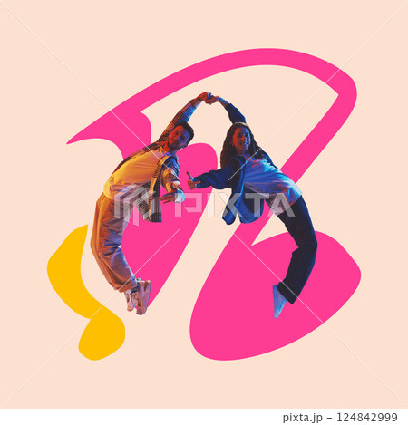 Poster. Contemporary art collage. Couple of dancers in floating pose framed by vivid pink symbols, merging rhythm and emotion. 124842999