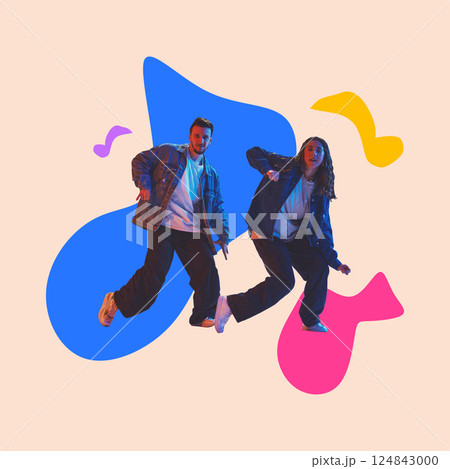 Poster. Conceptual artwork. Urban dancers captured mid-motion with bold pink, blue and yellow background shapes. Poster. Conceptual artwork. Urban dancers captured mid-motion with bold pink, blue and yellow background shapes. 124843000