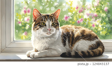 お昼寝日和！窓辺でくつろぐ水彩猫 124843137