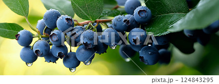 Wet blueberries hanging from the branch. Green leaves. Sunny horizontal background Wet blueberries hanging from the branch. Green leaves. Sunny horizontal background 124843295