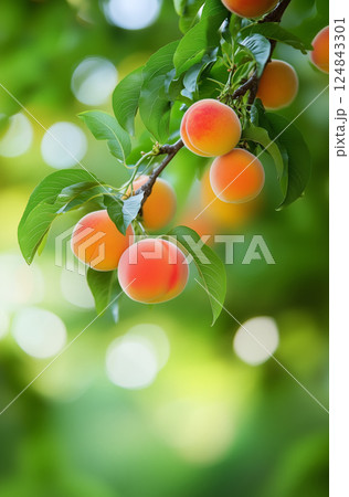 Close-up of peach or apricot tree branch with red peaches against green background. Bokeh effect. Close-up of peach or apricot tree branch with red peaches against green background. Bokeh effect. 124843301