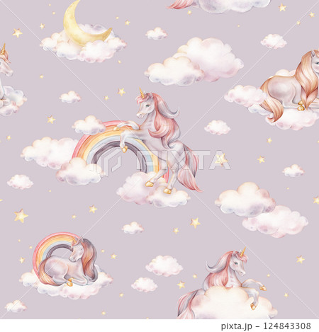 Seamless watercolor pattern with Unicorn and yellow stars, and clouds, rainbow. Hand drawn Illustrations of background for nursery wallpaper, baby textiles, or children paper. Pastel colors pony Seamless watercolor pattern with Unicorn and yellow stars, and clouds, rainbow. Hand drawn Illustrations of background for nursery wallpaper, baby textiles, or children paper. Pastel colors pony 124843308