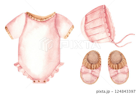 Baby Girl Clothes Set. Bodysuit, Cap or Bonnet and Booties in pink color. Watercolor hand drawn illustration. Kids cute design elements for newborn greeting or birthday cards, gender reveal party 124843397
