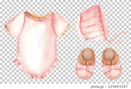 Baby Girl Clothes Set. Bodysuit, Cap or Bonnet and Booties in pink color. Watercolor hand drawn illustration. Kids cute design elements for newborn greeting or birthday cards, gender reveal party 124843397