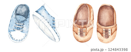 Baby Boy Shoes Set. Brown leather moccasins and blue Sneakers. Hand drawn watercolor illustration of Kids Boots isolated on a white background. Cute Infant clipart for invitations, Gender party, Baby 124843398