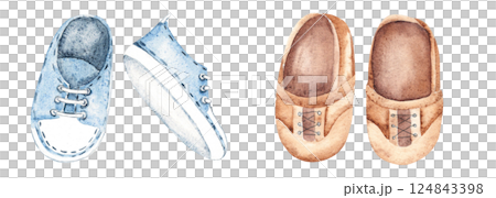 Baby Boy Shoes Set. Brown leather moccasins and blue Sneakers. Hand drawn watercolor illustration of Kids Boots isolated on a white background. Cute Infant clipart for invitations, Gender party, Baby 124843398