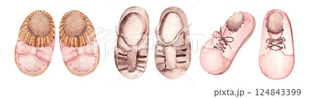 Baby Girl Shoes Set. Hand drawn watercolor illustration of Booties and summer Sandals for Kid isolated on a white background. Cute Infant footwear clipart for invitations, Gender party, Baby shower Baby Girl Shoes Set. Hand drawn watercolor illustration of Booties and summer Sandals for Kid isolated on a white background. Cute Infant footwear clipart for invitations, Gender party, Baby shower 124843399