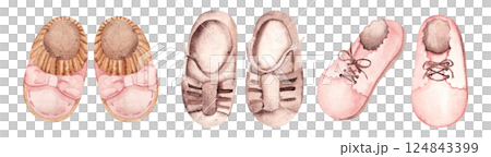 Baby Girl Shoes Set. Hand drawn watercolor illustration of Booties and summer Sandals for Kid isolated on a white background. Cute Infant footwear clipart for invitations, Gender party, Baby shower Baby Girl Shoes Set. Hand drawn watercolor illustration of Booties and summer Sandals for Kid isolated on a white background. Cute Infant footwear clipart for invitations, Gender party, Baby shower 124843399