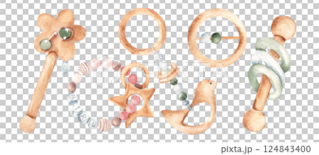 Set of Wooden Eco Baby Girl Rattles and Teethers. Watercolor hand drawn illustration in pink, green and beige tones isolated on white background. Clip art for Kids goods, tags, Baby Shower invitations Set of Wooden Eco Baby Girl Rattles and Teethers. Watercolor hand drawn illustration in pink, green and beige tones isolated on white background. Clip art for Kids goods, tags, Baby Shower invitations 124843400