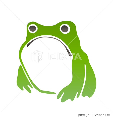 Green frog sitting on the ground. Minimalist depiction of a frog focusing on its eyes and limbs. Colored illustration in the style of a Japanese woodblock print. Isolated on white background. Vector Green frog sitting on the ground. Minimalist depiction of a frog focusing on its eyes and limbs. Colored illustration in the style of a Japanese woodblock print. Isolated on white background. Vector 124843436