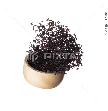 Riceberry rice explosion flying wooden bowl, black purple berry grain wave floating, fall down in air. Rice Berry is organic healthy food. White background Isolated high speed shutter, freeze stop Riceberry rice explosion flying wooden bowl, black purple berry grain wave floating, fall down in air. Rice Berry is organic healthy food. White background Isolated high speed shutter, freeze stop 124843566