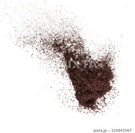 Coffee powder fly explosion, Coffee crushed float explode, abstract cloud fly. Coffee dust powder splash throwing in Air. White background Isolated high speed shutter, freeze motion Coffee powder fly explosion, Coffee crushed float explode, abstract cloud fly. Coffee dust powder splash throwing in Air. White background Isolated high speed shutter, freeze motion 124843567