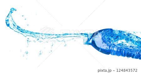 Drinking Water in Plastic Bottle fall fly in mid air, fresh water plastic bottle floating explosion. Fresh water plastic bottles pour throw in air. White background isolated freeze motion high speed 124843572