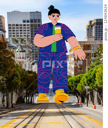 Conceptual design. Oversized man strolling down urban street with beer in hand, fashion-forward and carefree in bold summer outfit. Conceptual design. Oversized man strolling down urban street with beer in hand, fashion-forward and carefree in bold summer outfit. 124843624
