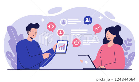 Digital collaboration with analytics data sharing. Businesspeople discussing growth metrics across devices. Online teamwork, social media marketing concept. 124844064