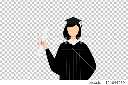 一位身穿畢業服、頭戴學位帽、手拿畢業證書的亞洲女畢業生的簡單插圖 124844089