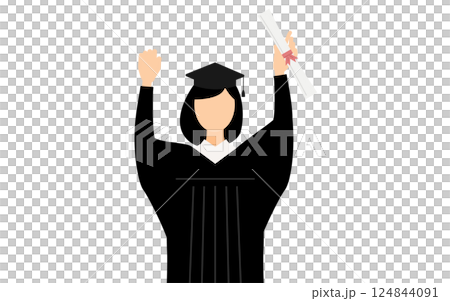 A simple illustration of an Asian female graduate wearing a graduation gown and a mortarboard posing with a diploma 124844091