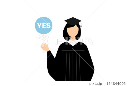卒業ガウンを着て角帽をかぶったアジア人の女子卒業生がイエスの棒を持つシンプルなイラスト 124844093