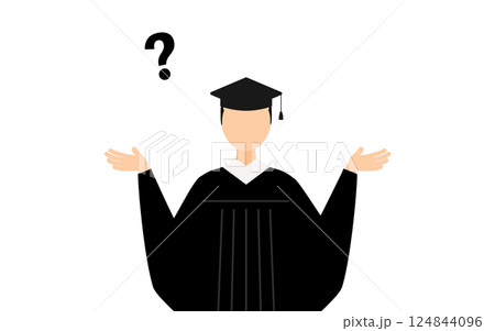 卒業ガウンを着て角帽をかぶったアジア人の男子卒業生が疑問を持つシンプルなイラスト 124844096