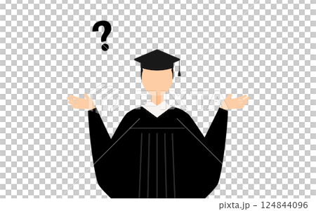 卒業ガウンを着て角帽をかぶったアジア人の男子卒業生が疑問を持つシンプルなイラスト 124844096