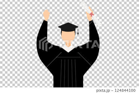 A simple illustration of an Asian male graduate wearing a graduation gown and a mortarboard posing with a diploma 124844100