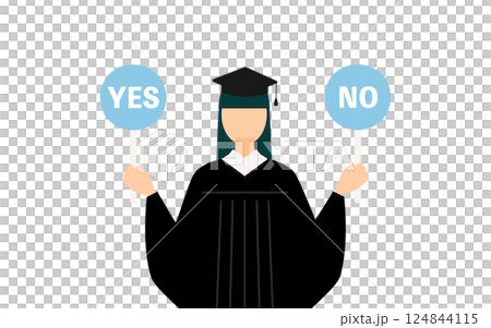 一位身穿畢業服、頭戴學位帽、手拿“是”或“否”標語的亞洲女畢業生的簡單插圖 124844115