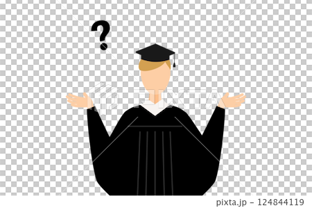 A simple illustration of a Caucasian male graduate wearing a graduation gown and a mortarboard having a question A simple illustration of a Caucasian male graduate wearing a graduation gown and a mortarboard having a question 124844119