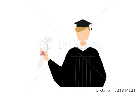 卒業ガウンを着て角帽をかぶった白人の男子卒業生が卒業証書を持つシンプルなイラスト 卒業ガウンを着て角帽をかぶった白人の男子卒業生が卒業証書を持つシンプルなイラスト 124844121