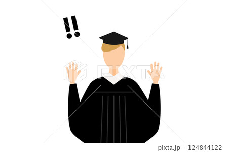 卒業ガウンを着て角帽をかぶった白人の男子卒業生が手をあげて驚いているシンプルなイラスト 卒業ガウンを着て角帽をかぶった白人の男子卒業生が手をあげて驚いているシンプルなイラスト 124844122