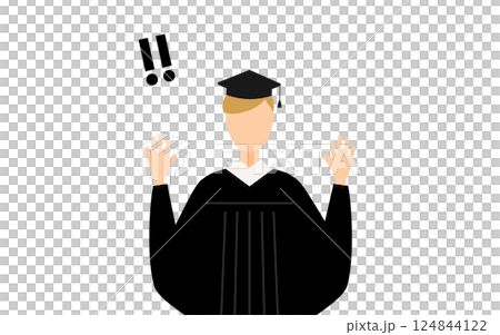 卒業ガウンを着て角帽をかぶった白人の男子卒業生が手をあげて驚いているシンプルなイラスト 卒業ガウンを着て角帽をかぶった白人の男子卒業生が手をあげて驚いているシンプルなイラスト 124844122