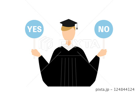 卒業ガウンを着て角帽をかぶった白人の男子卒業生がイエスノーの棒を持つシンプルなイラスト 卒業ガウンを着て角帽をかぶった白人の男子卒業生がイエスノーの棒を持つシンプルなイラスト 124844124