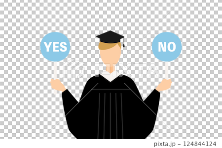 卒業ガウンを着て角帽をかぶった白人の男子卒業生がイエスノーの棒を持つシンプルなイラスト 卒業ガウンを着て角帽をかぶった白人の男子卒業生がイエスノーの棒を持つシンプルなイラスト 124844124