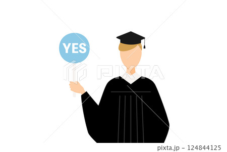 卒業ガウンを着て角帽をかぶった白人の男子卒業生がイエスの棒を持つシンプルなイラスト 124844125