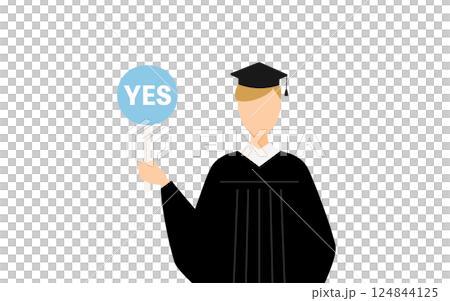 卒業ガウンを着て角帽をかぶった白人の男子卒業生がイエスの棒を持つシンプルなイラスト 124844125