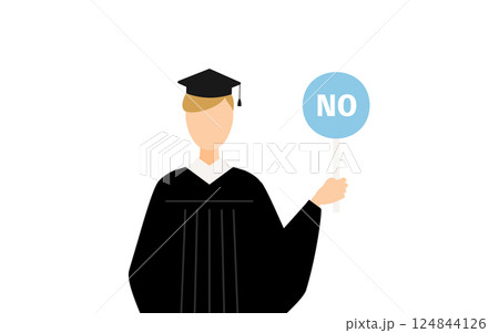 卒業ガウンを着て角帽をかぶった白人の男子卒業生がノーの棒を持つシンプルなイラスト 124844126