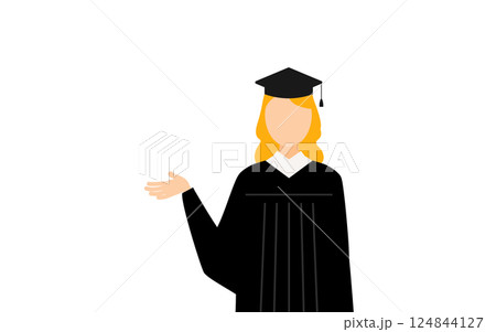 卒業ガウンを着て角帽をかぶった白人の女子卒業生が話しているシンプルなイラスト 124844127