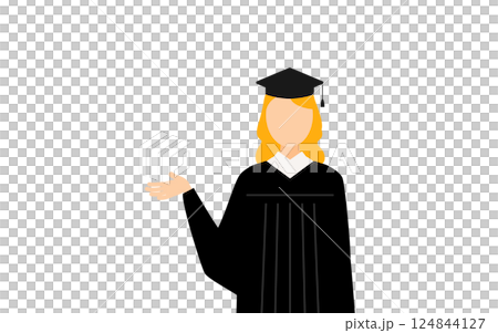 卒業ガウンを着て角帽をかぶった白人の女子卒業生が話しているシンプルなイラスト 124844127