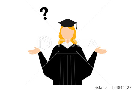 卒業ガウンを着て角帽をかぶった白人の女子卒業生が疑問を持つシンプルなイラスト 卒業ガウンを着て角帽をかぶった白人の女子卒業生が疑問を持つシンプルなイラスト 124844128