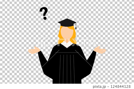 卒業ガウンを着て角帽をかぶった白人の女子卒業生が疑問を持つシンプルなイラスト 卒業ガウンを着て角帽をかぶった白人の女子卒業生が疑問を持つシンプルなイラスト 124844128