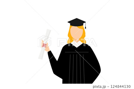 卒業ガウンを着て角帽をかぶった白人の女子卒業生が卒業証書を持つシンプルなイラスト 卒業ガウンを着て角帽をかぶった白人の女子卒業生が卒業証書を持つシンプルなイラスト 124844130