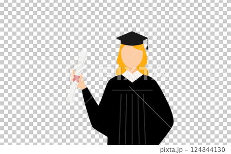 A simple illustration of a Caucasian female graduate wearing a graduation gown and mortarboard holding a diploma 124844130