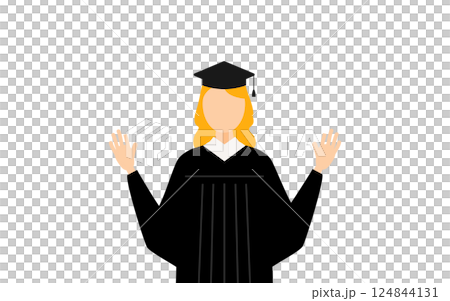 A simple illustration of a Caucasian female graduate wearing a graduation gown and mortarboard raising her hand in surprise A simple illustration of a Caucasian female graduate wearing a graduation gown and mortarboard raising her hand in surprise 124844131
