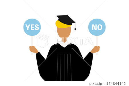卒業ガウンを着て角帽をかぶった黒人の男子卒業生がイエスノーの棒を持つシンプルなイラスト 124844142