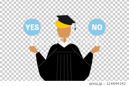 卒業ガウンを着て角帽をかぶった黒人の男子卒業生がイエスノーの棒を持つシンプルなイラスト 124844142
