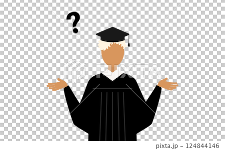 A simple illustration of a black female graduate wearing a graduation gown and a mortarboard having a question A simple illustration of a black female graduate wearing a graduation gown and a mortarboard having a question 124844146