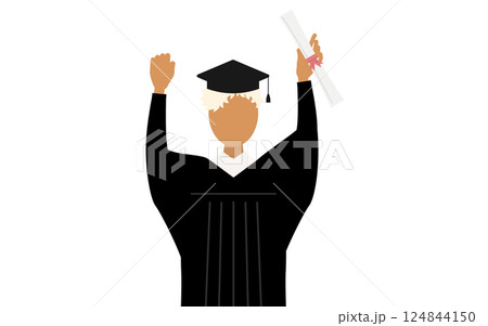 卒業ガウンを着て角帽をかぶった黒人の女子卒業生が卒業証書を持ってガッツポーズするシンプルなイラスト 卒業ガウンを着て角帽をかぶった黒人の女子卒業生が卒業証書を持ってガッツポーズするシンプルなイラスト 124844150