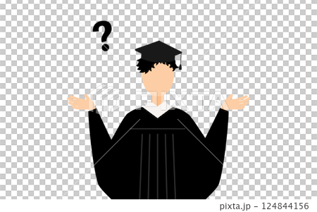 A simple illustration of an Asian male graduate wearing a graduation gown and a mortarboard having a question A simple illustration of an Asian male graduate wearing a graduation gown and a mortarboard having a question 124844156